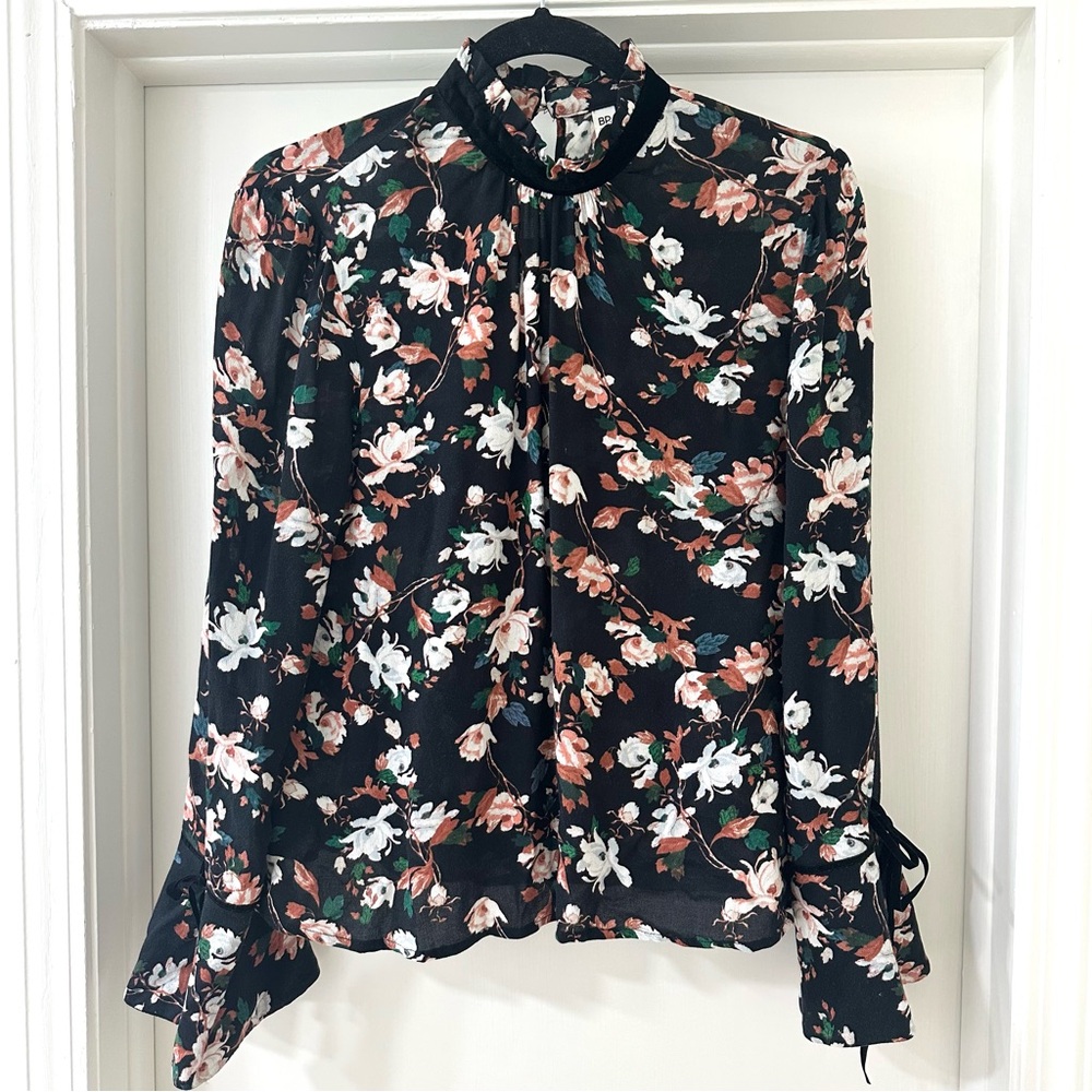 BP Black Floral Blouse with Victorian Collar & Velvet Accents, Size Extra Small